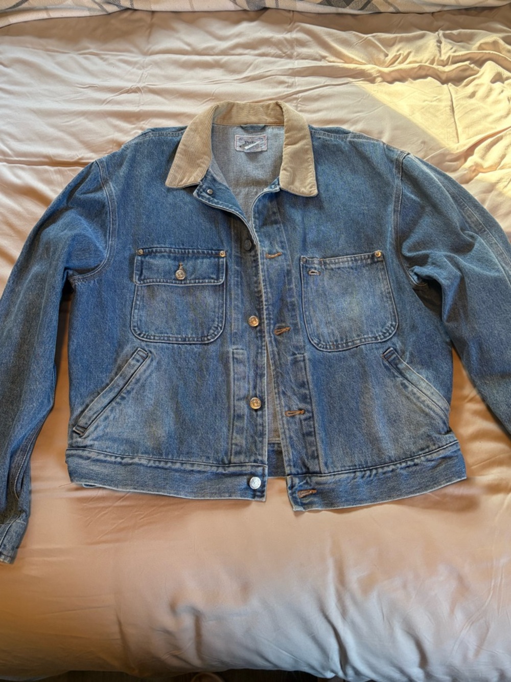 Vintage Polo by Ralph Lauren USA Flag Denim Jacket with Tan Corduroy Collar